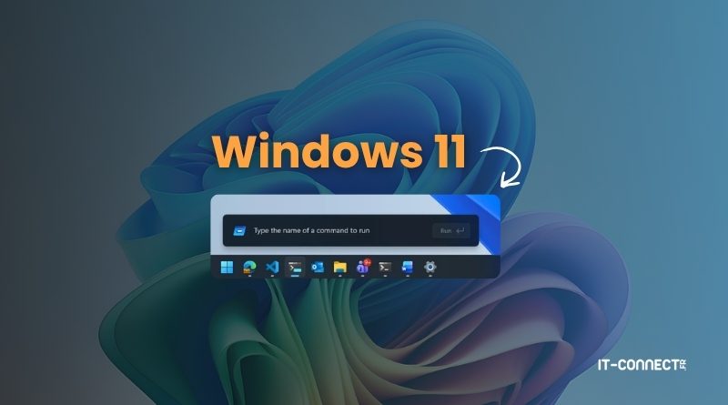 Windows 11 wallpaper featuring the taskbar with a search/command bar and app icons, IT-Connect watermark in the corner.