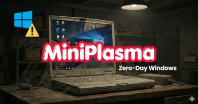 Old, cracked laptop on a wooden desk in a dark workshop, with a bold 'MiniPlasma' title and 'Zero-Day Windows' subtitle; warning icon nearby.