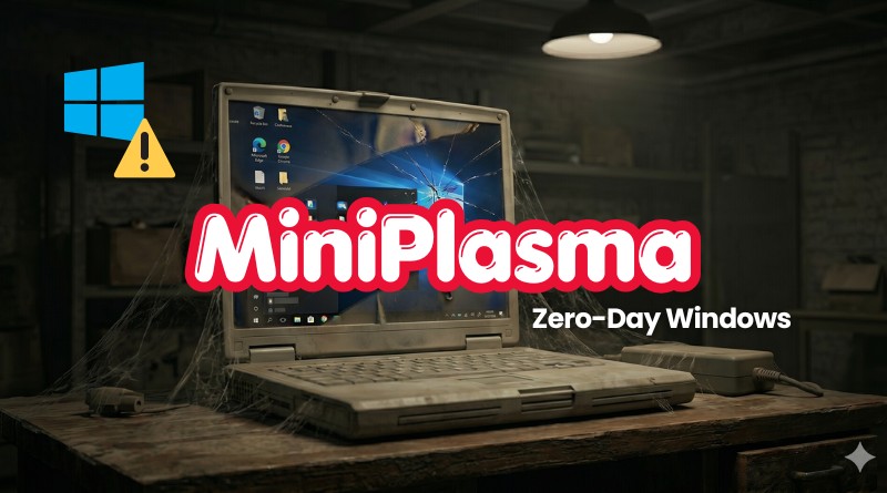 Old, cracked laptop on a wooden desk in a dark workshop, with a bold 'MiniPlasma' title and 'Zero-Day Windows' subtitle; warning icon nearby.