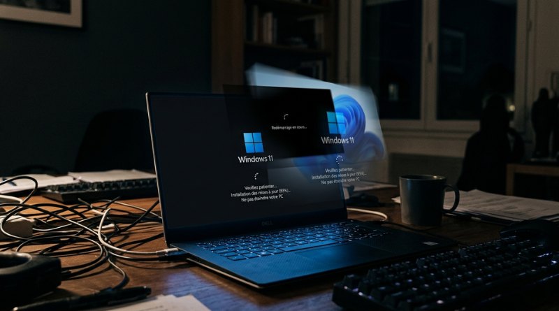Laptop on a desk displaying Windows 11 setup screen, surrounded by cables and a mug in a dim office. Note: conveying the workspace and boot screen intent rather than just visuals.