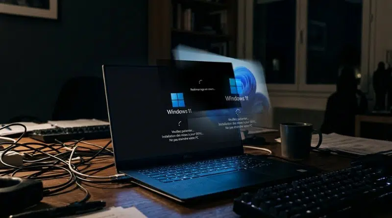 Laptop on a desk displaying Windows 11 setup screen, surrounded by cables and a mug in a dim office. Note: conveying the workspace and boot screen intent rather than just visuals.