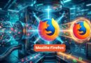 Mozilla Firefox logo floating in a futuristic data center with neon blue and orange lights and digital panels nearby.