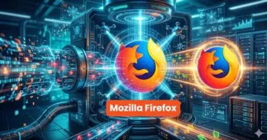 Mozilla Firefox logo floating in a futuristic data center with neon blue and orange lights and digital panels nearby.