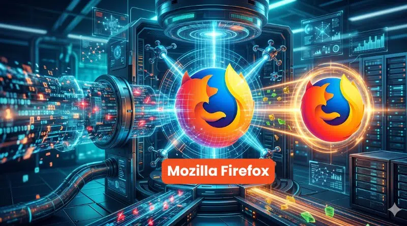 Mozilla Firefox logo floating in a futuristic data center with neon blue and orange lights and digital panels nearby.