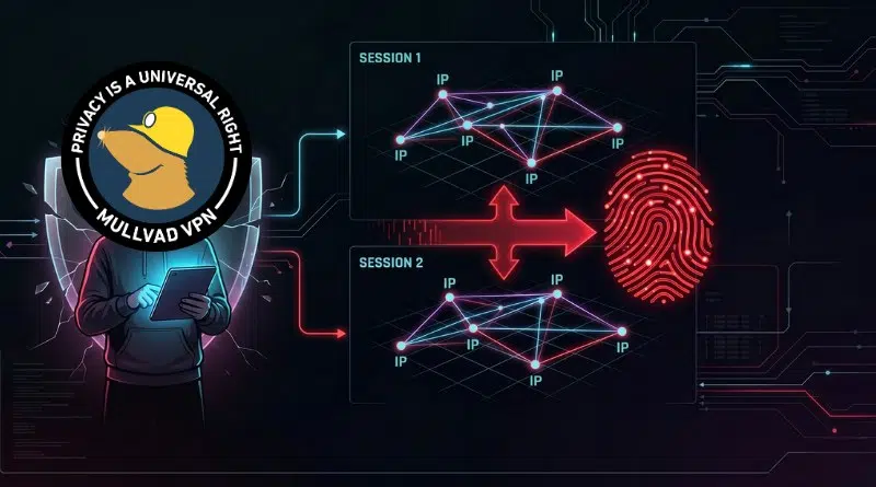Person wearing a hoodie with Mullvad VPN logo blocking privacy, standing beside two session diagrams connected to a red fingerprint icon (privacy and tracking theme).
