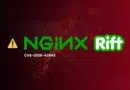 Graphic announcing a vulnerability for NGINX Rift with a warning icon and CVE-2026-42945