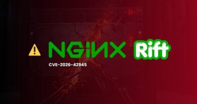 Graphic announcing a vulnerability for NGINX Rift with a warning icon and CVE-2026-42945