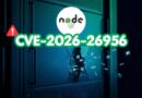 Server rack with a cracked door, red warning badge, Node.js logo, and bold text 'CVE-2026-26956' signaling a security vulnerability.