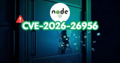 Server rack with a cracked door, red warning badge, Node.js logo, and bold text 'CVE-2026-26956' signaling a security vulnerability.