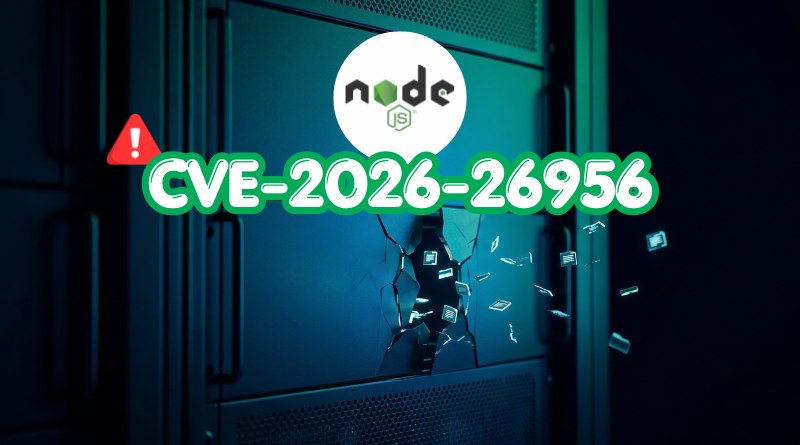 Server rack with a cracked door, red warning badge, Node.js logo, and bold text 'CVE-2026-26956' signaling a security vulnerability.