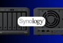 Two Synology NAS enclosures: front six-bay unit and back-panel with ports and fan cap.