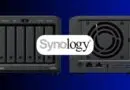 Two Synology NAS enclosures: front six-bay unit and back-panel with ports and fan cap.