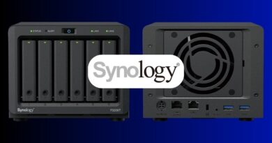 Two Synology NAS enclosures: front six-bay unit and back-panel with ports and fan cap.