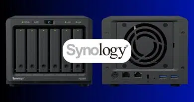 Two Synology NAS enclosures: front six-bay unit and back-panel with ports and fan cap.