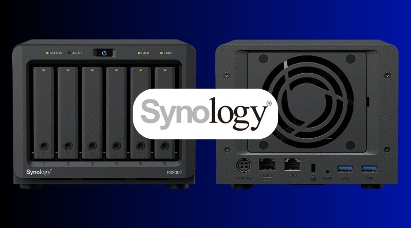 Two Synology NAS enclosures: front six-bay unit and back-panel with ports and fan cap.