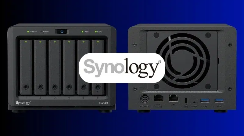 Two Synology NAS enclosures: front six-bay unit and back-panel with ports and fan cap.