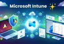 Illustration of Microsoft Intune management: central logo with connected laptops and monitors, shield and cloud imagery.