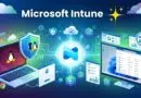 Illustration of Microsoft Intune management: central logo with connected laptops and monitors, shield and cloud imagery.