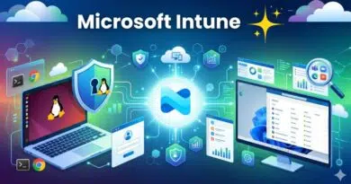 Illustration of Microsoft Intune management: central logo with connected laptops and monitors, shield and cloud imagery.