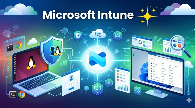 Illustration of Microsoft Intune management: central logo with connected laptops and monitors, shield and cloud imagery.