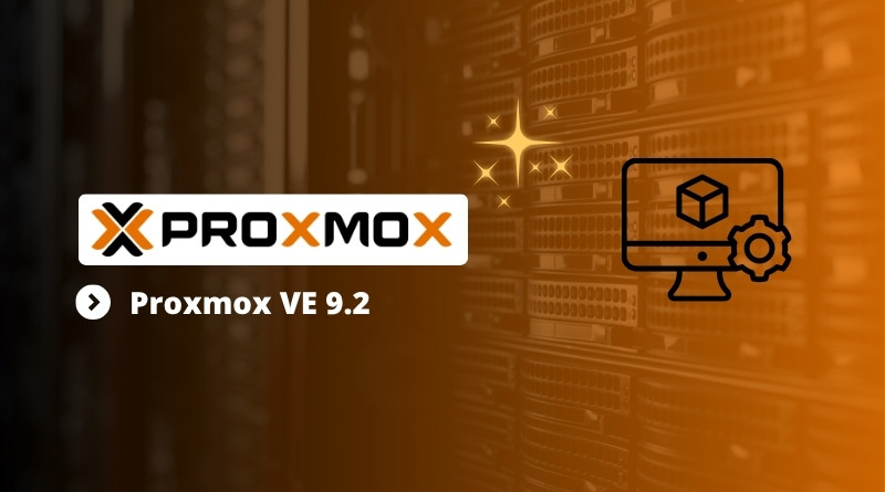 Proxmox VE 9.2 branding with orange data center background and a computer/settings icon on the right.