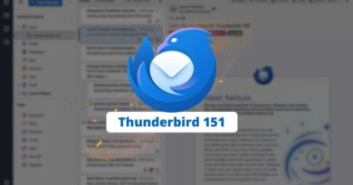 Thunderbird logo (blue bird) with 'Thunderbird 151' banner over a blurred email client interface in the background.