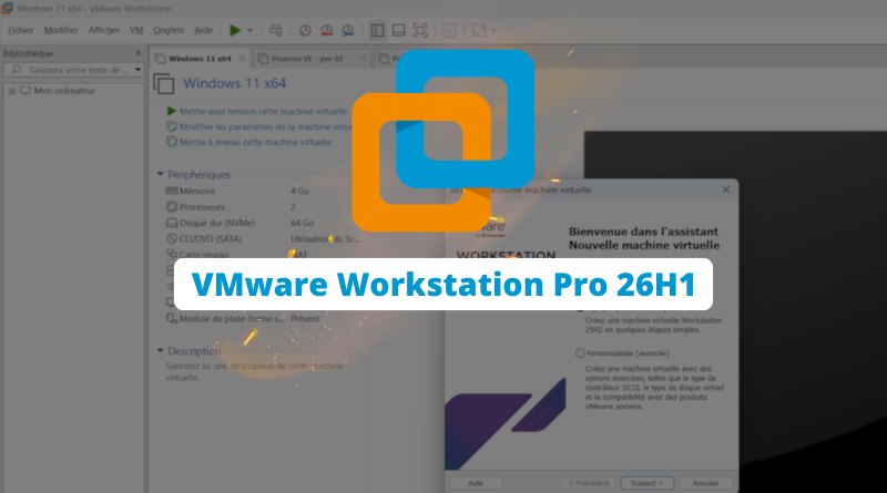 VMware Workstation Pro 26H1 splash screen with blue-orange stacked logo over a VM window surface.1