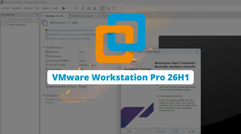 VMware Workstation Pro 26H1 splash screen with blue-orange stacked logo over a VM window surface.1