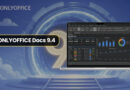 Laptop displaying OnlyOffice Docs 9.4 analytics dashboard on a blue sci‑fi backdrop.