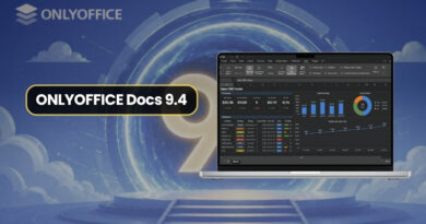 Laptop displaying OnlyOffice Docs 9.4 analytics dashboard on a blue sci‑fi backdrop.