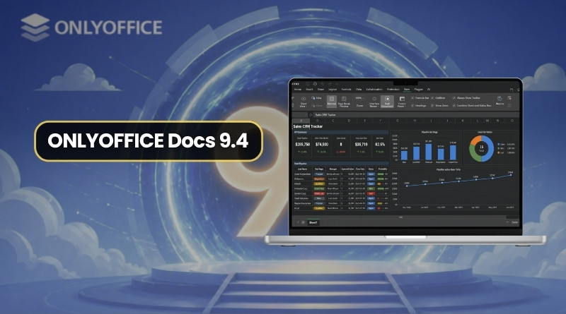 Laptop displaying OnlyOffice Docs 9.4 analytics dashboard on a blue sci‑fi backdrop.