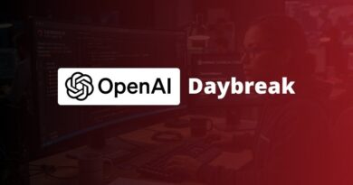 OpenAI Daybreak branding over a dark, code-filled developer workstation with monitors and keyboards.