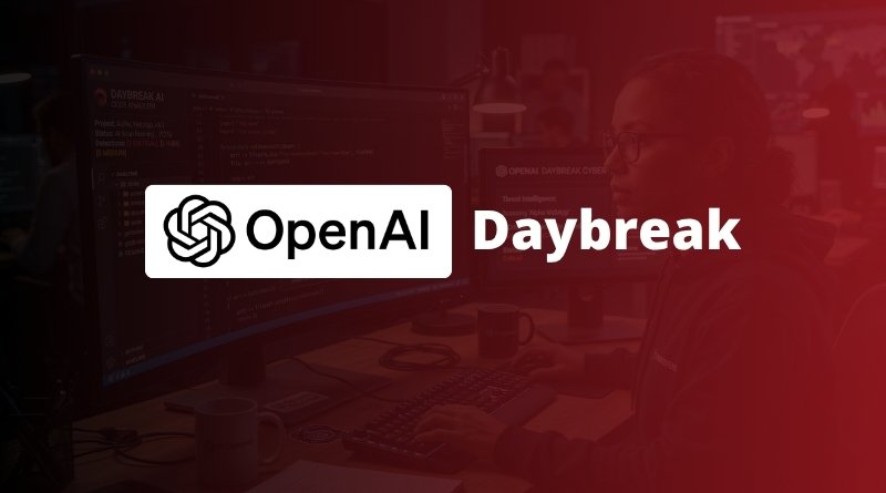 OpenAI Daybreak branding over a dark, code-filled developer workstation with monitors and keyboards.