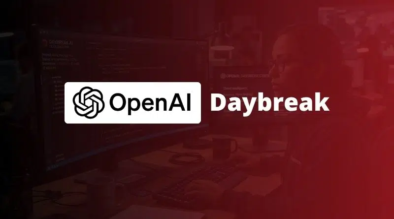 OpenAI Daybreak branding over a dark, code-filled developer workstation with monitors and keyboards.