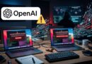 OpenAI logo with a yellow security warning icon in a dark, hacker-scene room showing laptops with red alert screens. The image conveys a cybersecurity warning around OpenAI.
