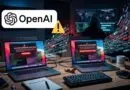 OpenAI logo with a yellow security warning icon in a dark, hacker-scene room showing laptops with red alert screens. The image conveys a cybersecurity warning around OpenAI.