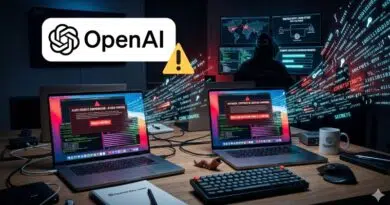 OpenAI logo with a yellow security warning icon in a dark, hacker-scene room showing laptops with red alert screens. The image conveys a cybersecurity warning around OpenAI.
