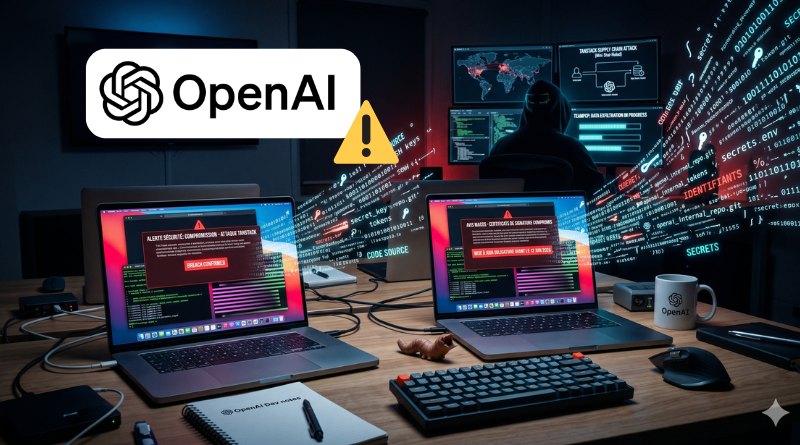 OpenAI logo with a yellow security warning icon in a dark, hacker-scene room showing laptops with red alert screens. The image conveys a cybersecurity warning around OpenAI.