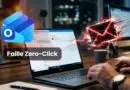Laptop on a desk with an Outlook logo and a red 'Faille Zero-Click' banner, signaling a zero-click email vulnerability in cybersecurity.