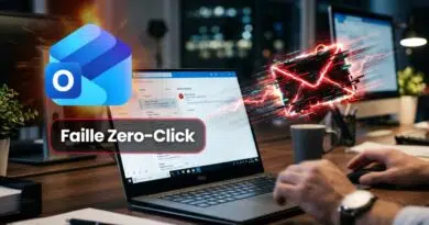 Laptop on a desk with an Outlook logo and a red 'Faille Zero-Click' banner, signaling a zero-click email vulnerability in cybersecurity.
