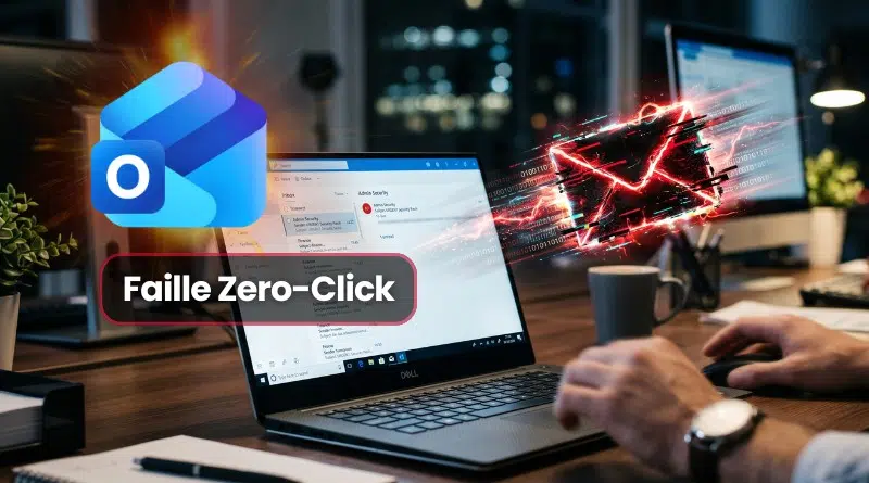 Laptop on a desk with an Outlook logo and a red 'Faille Zero-Click' banner, signaling a zero-click email vulnerability in cybersecurity.