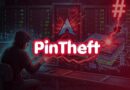 Hooded figure typing at a workstation in a dark server room, with red glow and the PinTheft logo in front of glowing circuits.