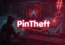 Hooded figure typing at a workstation in a dark server room, with red glow and the PinTheft logo in front of glowing circuits.