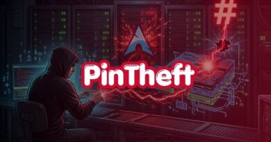 Hooded figure typing at a workstation in a dark server room, with red glow and the PinTheft logo in front of glowing circuits.