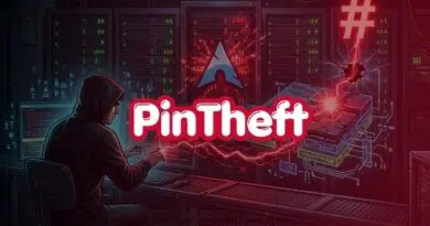 Hooded figure typing at a workstation in a dark server room, with red glow and the PinTheft logo in front of glowing circuits.