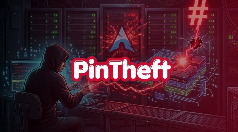 Hooded figure typing at a workstation in a dark server room, with red glow and the PinTheft logo in front of glowing circuits.