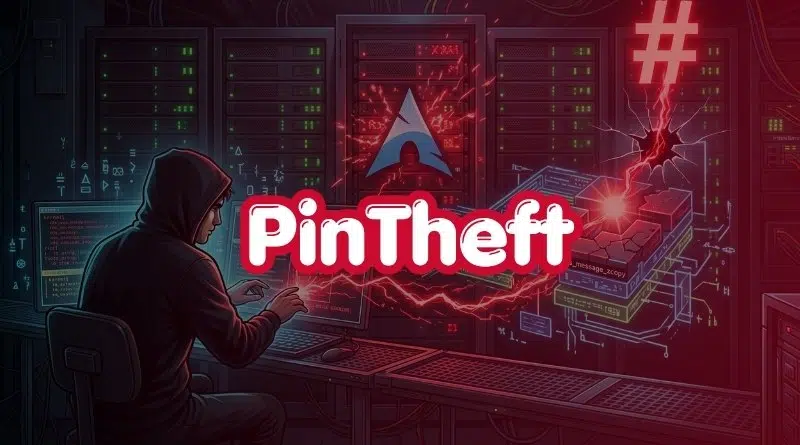 Hooded figure typing at a workstation in a dark server room, with red glow and the PinTheft logo in front of glowing circuits.