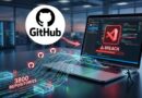 GitHub logo flowing into a laptop screen showing a large 'BREACH' warning in the code editor.