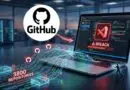 GitHub logo flowing into a laptop screen showing a large 'BREACH' warning in the code editor.
