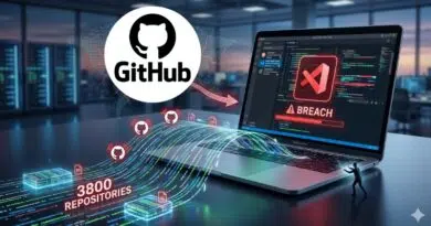 GitHub logo flowing into a laptop screen showing a large 'BREACH' warning in the code editor.